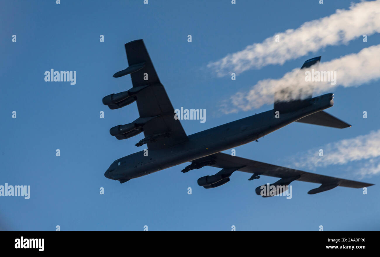 A U.S. Air Force 2nd Bomb Wing B-52H Stratofortress flies over Norway during training and integration with the Royal Norwegian Air Force in support of Bomber Task Force Europe 20-1 Nov. 6, 2019. The deployment allows aircrews and support personnel to conduct theater integration and to improve bomber interoperability with joint partners and allied nations. Stock Photo