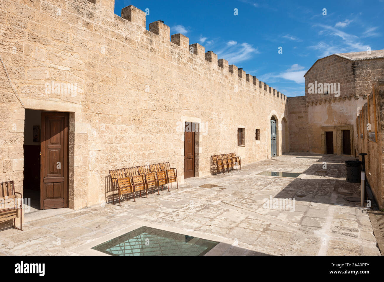 Outer courtyard of Castello de’ Monti in Corigliano d'Otranto, Apulia (Puglia) in Southern Italy Stock Photo