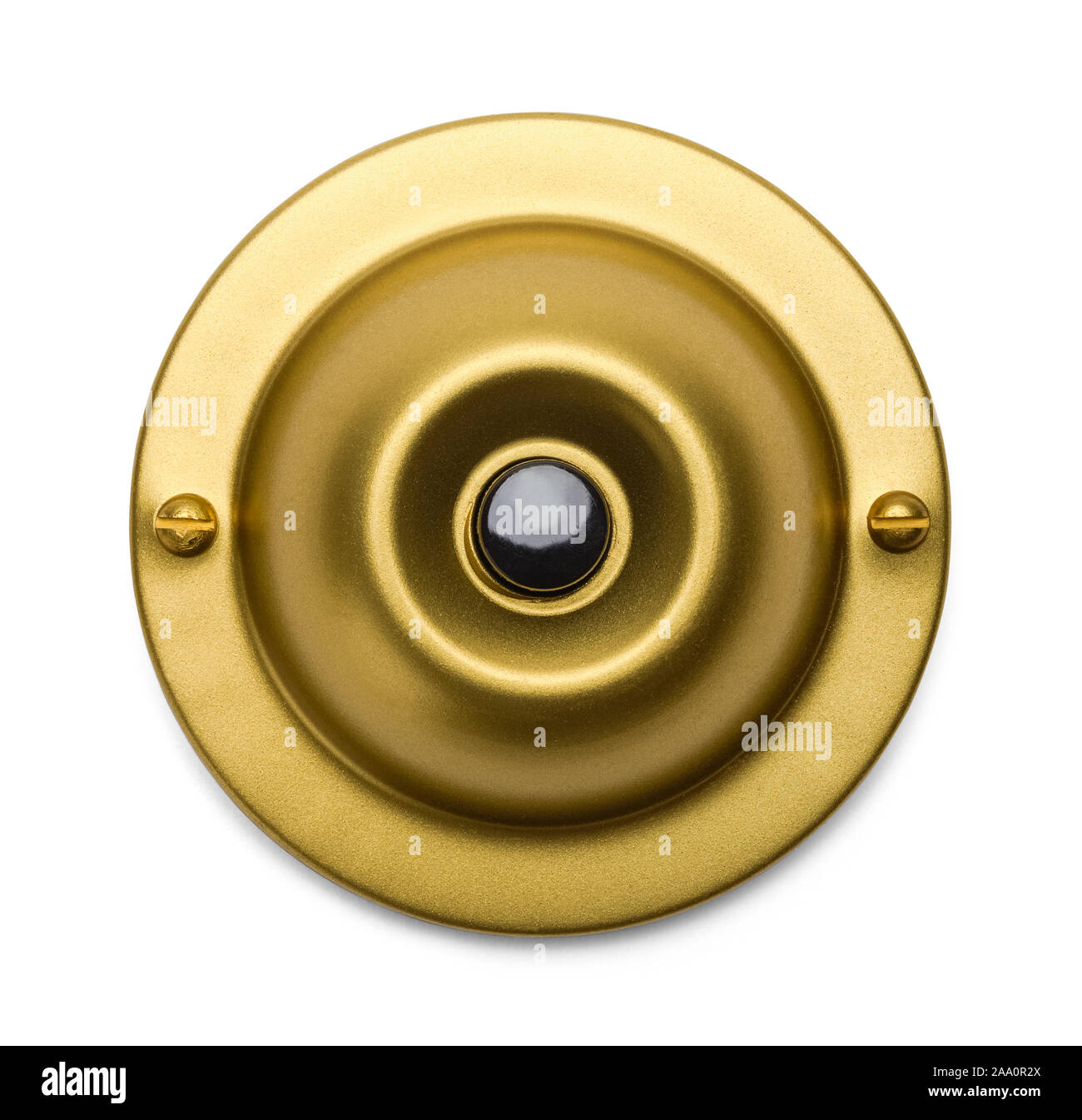 Round Brass Doorbell Isolated on White Background. Stock Photo