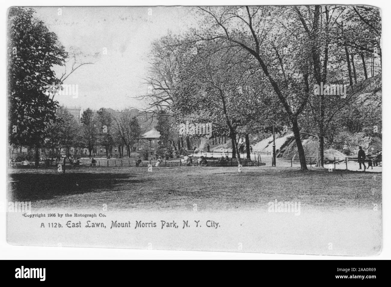 Engraved postcard of the east lawn of Mount Morris Park, New York City, created and published by Rotograph Co, 1906. From the New York Public Library. () Stock Photo