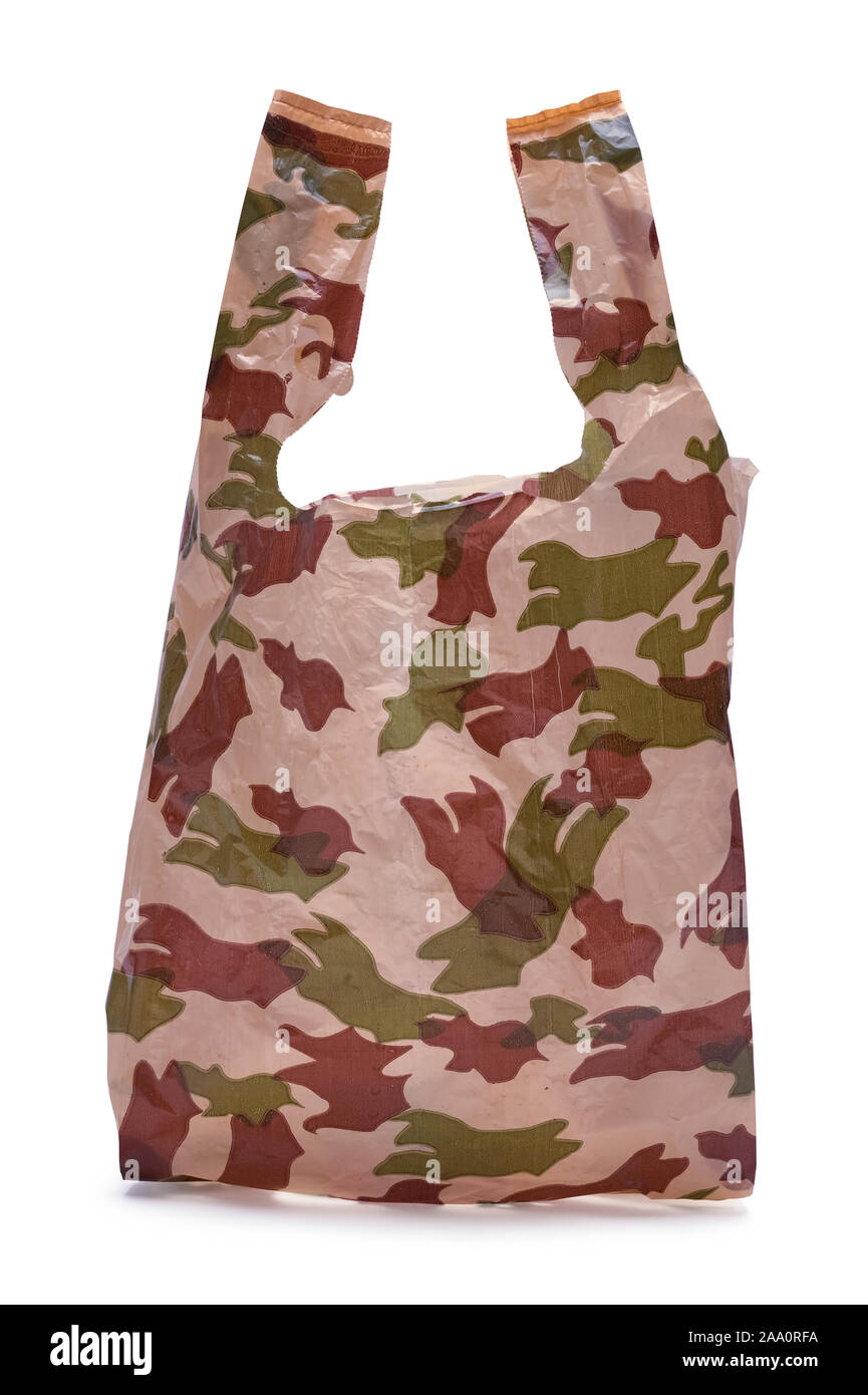 Camouflage Plastic Bag Isolated on White Background. Stock Photo