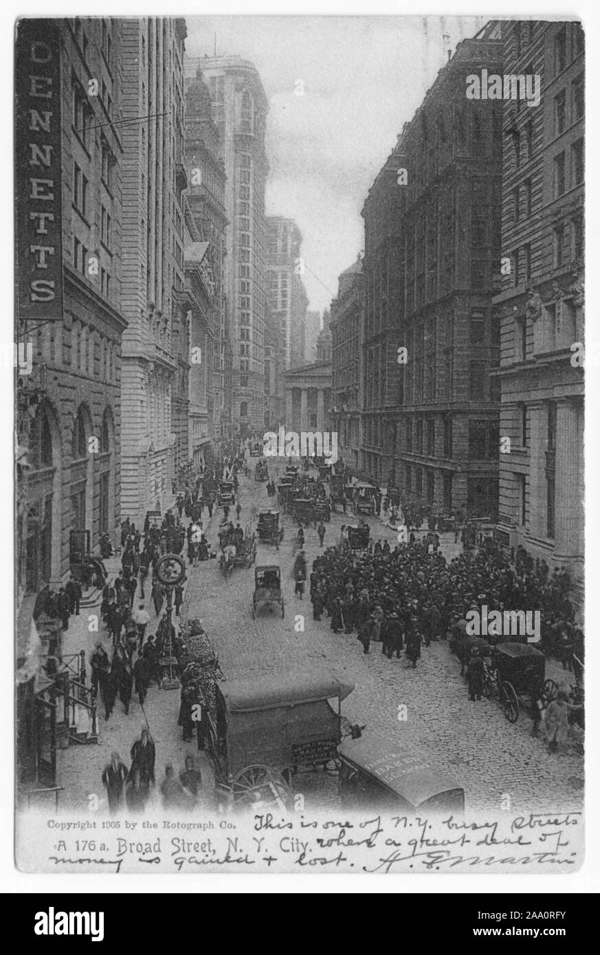 Engraved postcard of crowds of people and vehicles on Broad Street, New York City, published by Rotograph Co, 1905. From the New York Public Library. () Stock Photo