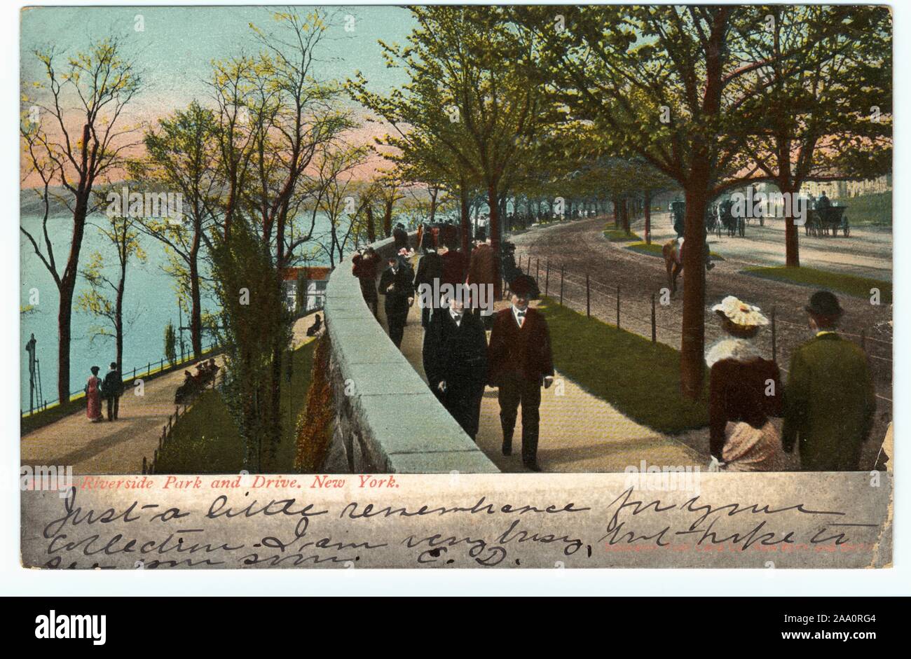 Illustrated postcard of people walking, Riverside Park and Drive, New York City, published by Souvenir Post Card Co, 1905. New York and Berlin. From the New York Public Library. () Stock Photo