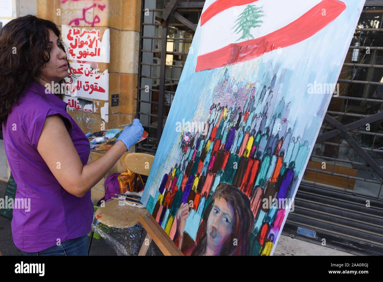 *** STRICTLY NO SALES TO FRENCH MEDIA OR PUBLISHERS *** November 17, 2019 - Beirut, Lebanon: Protesters gather on Martyrs' Square to celebrate one month since the beginning of the Lebanese revolution. Stock Photo
