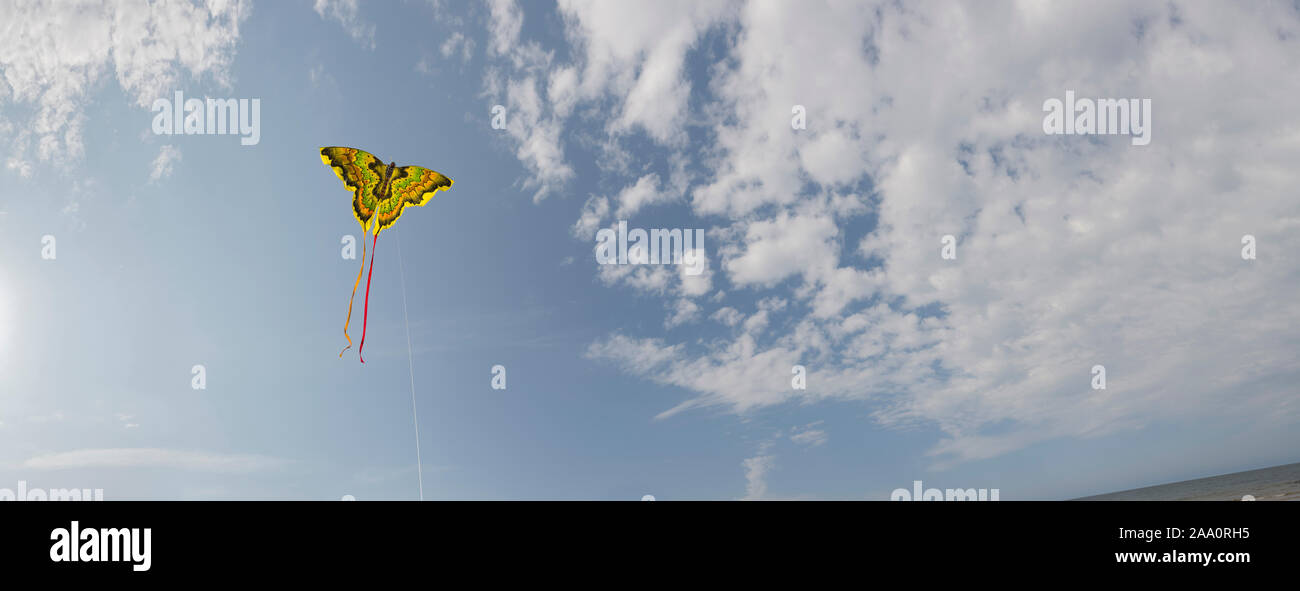 Wide-angle of blue sky and clouds with a flying kite Stock Photo