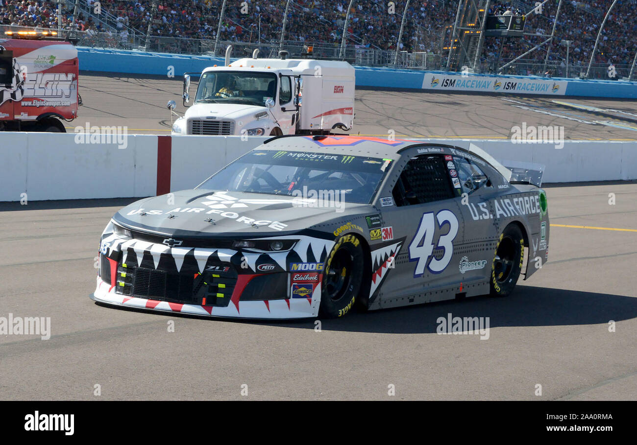 The No. 43 Richard Petty Motorsports race car, driven by Bubba Wallace, took on the A-10 Warthog paint scheme for the Veteran's Day weekend NASCAR race in Phoenix. Stock Photo