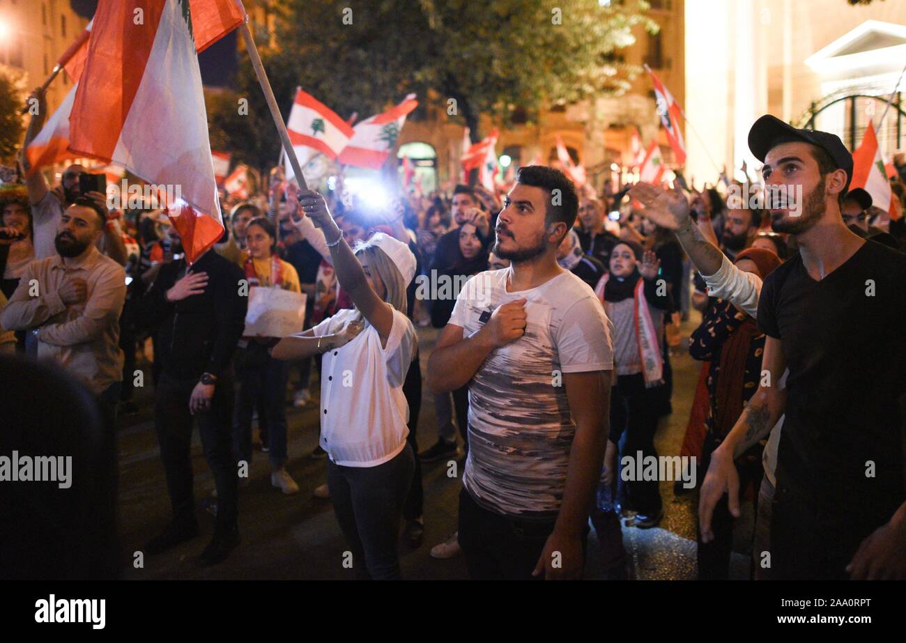 *** STRICTLY NO SALES TO FRENCH MEDIA OR PUBLISHERS *** November 17, 2019 - Beirut, Lebanon: Thousands of protesters gather on Martyrs' Square to celebrate one month since the beginning of the Lebanese revolution. Stock Photo