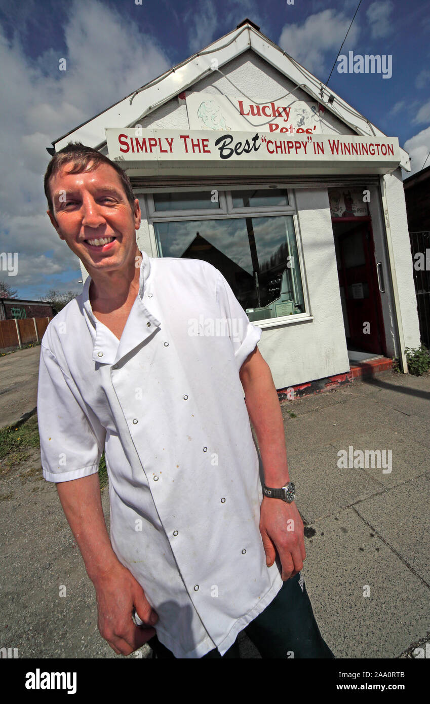 Lucky Pete outside Lucky Petes, simply the best chippy in Winnington, Northwich, Cheshire, England, UK Stock Photo
