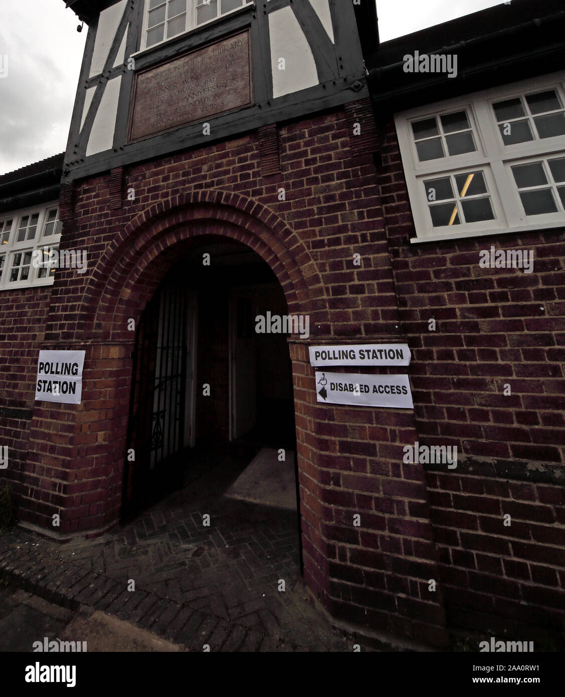 UK general election polling station entrance with disabled access sign at Winnington Rec, Park Road, Northwich., CW8 4EB Stock Photo