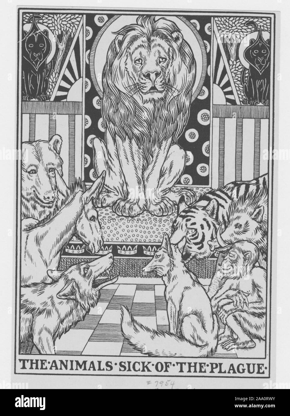 Monochrome illustration of a scene from the book 'A Hundred Fables of La Fontaine' by author Jean de La Fontaine, featuring a lion, a tiger and various other animals sick with the plague, illustrated by Percy J Billinghurst, published by John Lane, 1900. From the New York Public Library. () Stock Photo