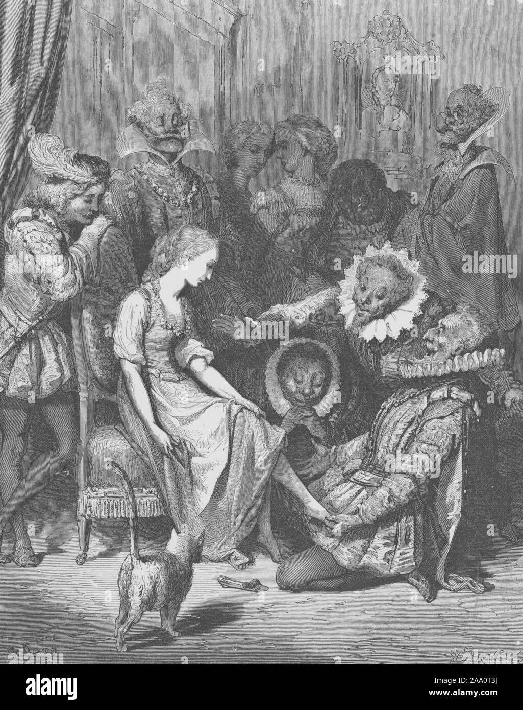 Monochrome illustration of a scene from the book 'Fairy Realm: A Collection of the Favourite Old Tales' by author Tom Hood, featuring Cinderella trying on the glass slipper surrounded by a group of people, illustrated by Gustave Dore, engraved Louis Henri Breviere, published by Cassell, Petter, and Galpin, 1865. From the New York Public Library. () Stock Photo