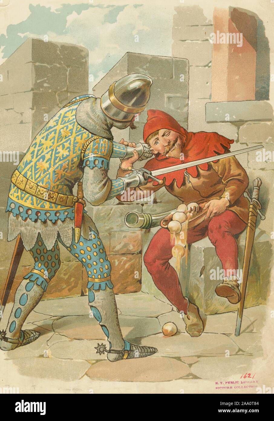 Color illustration of a scene from the book 'Till Eulenspiegels lustige Streiche' by author Georg Paysen Petersen, featuring a knight pulling Eulenspiegel's ear, illustrated by Eugen Klimsch, published by Loewe Publishing, 1904. From the New York Public Library. () Stock Photo