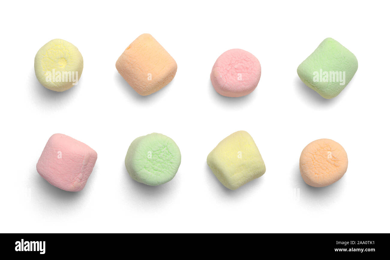 Several Colorful Marshmellows Isolated on White Background. Stock Photo