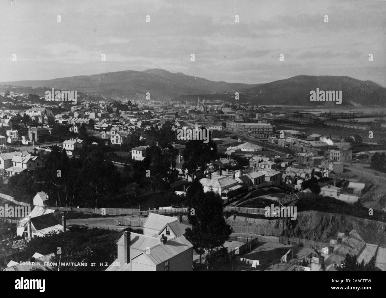 Black and white cityscape photograph of the city of Dunedin with a mountain range in the background, in the South Island, New Zealand, by photographer Frank Coxhead, 1885. From the New York Public Library. () Stock Photo