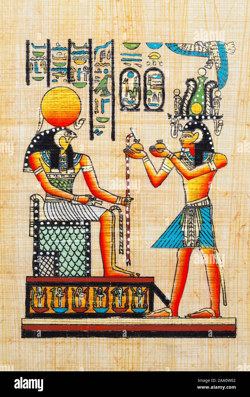 Egyptian Papyrus with Painting of Pharoah and Osiris. Stock Photo