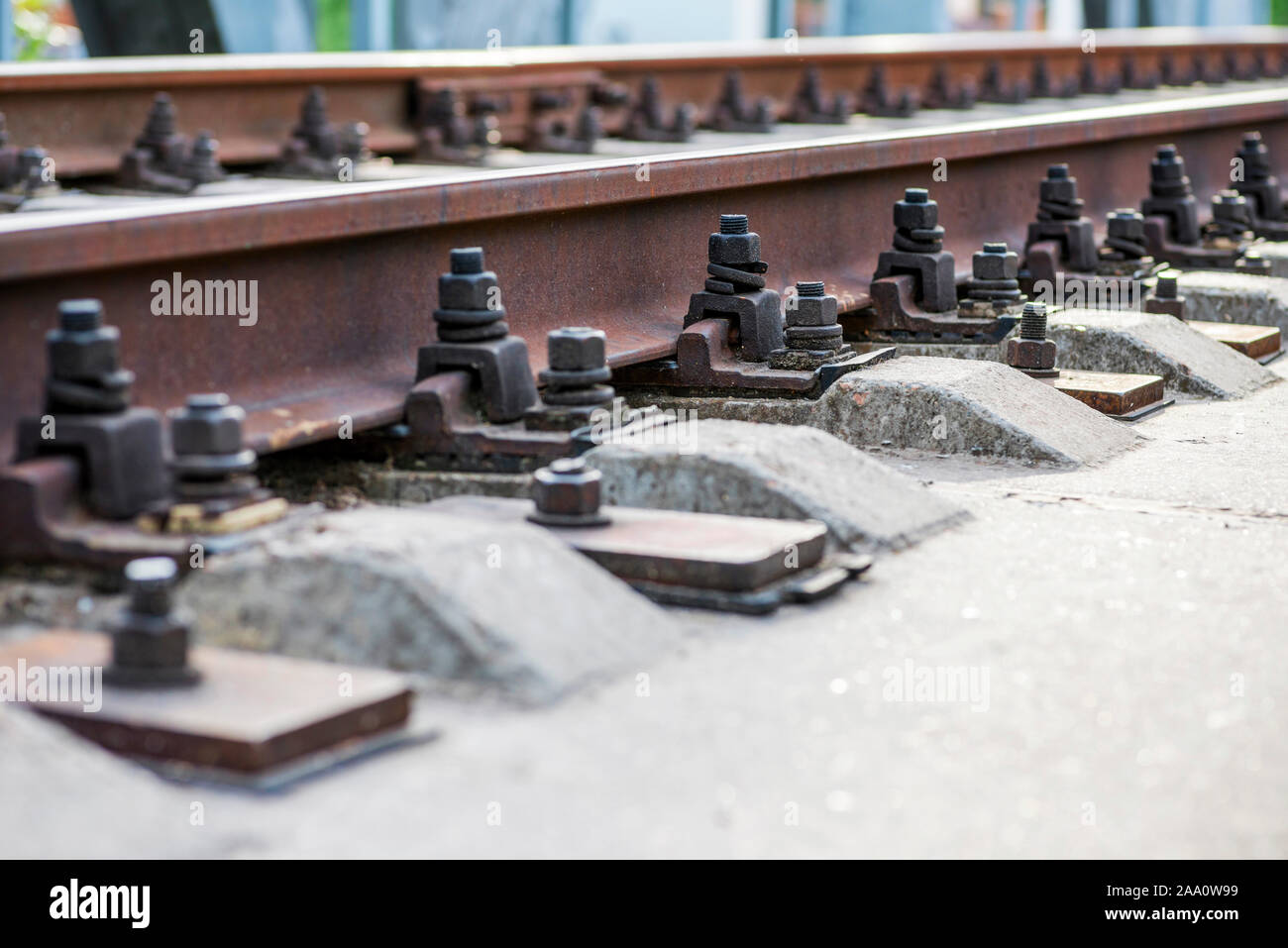 Train comming. Railway track. Railway sleepers and rails close-up. Iron ...