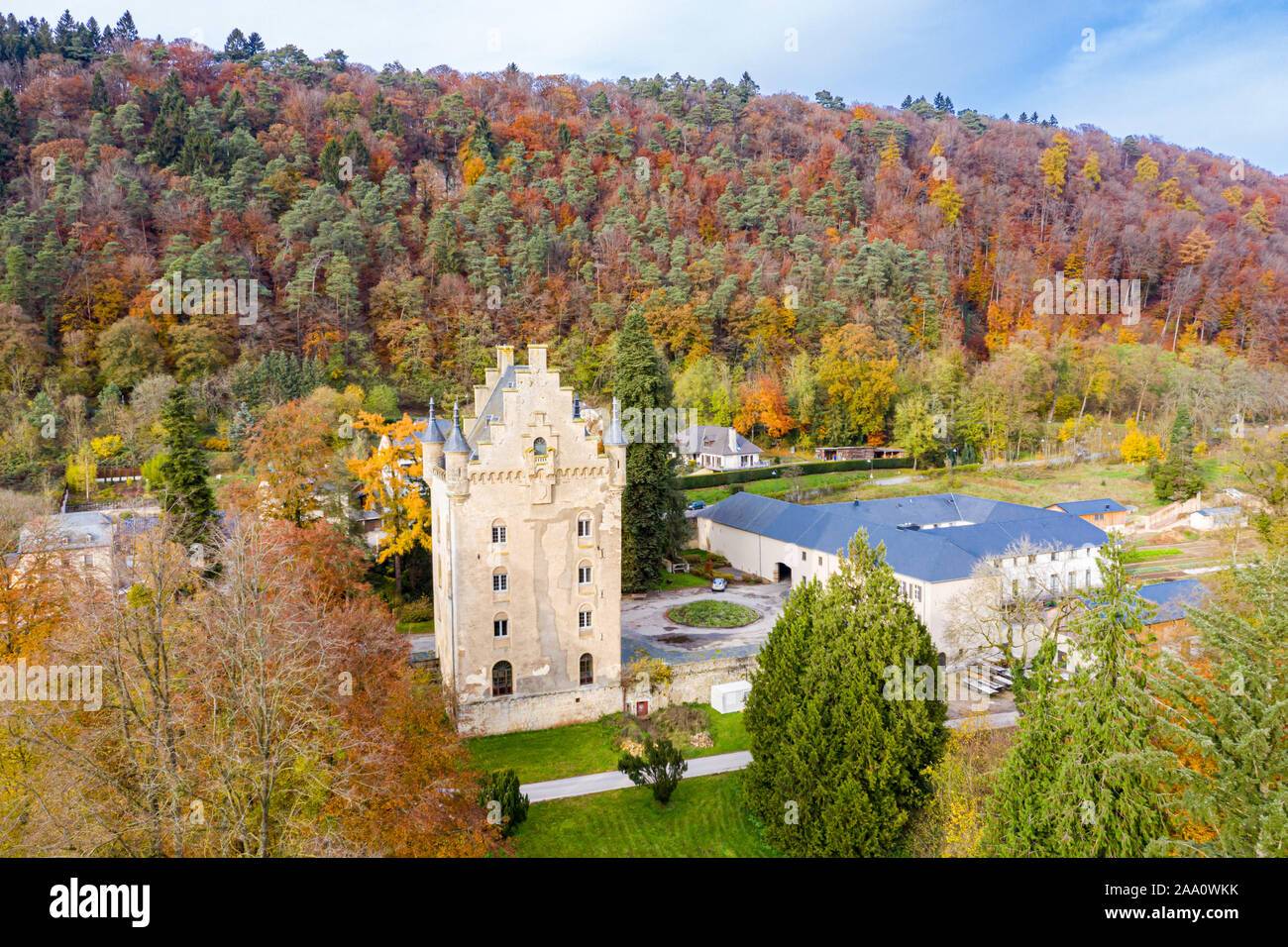 Tower of Schoenfels Castle, Mersch, Kopstal, Mamer or Valley of the Seven Castles in central Luxembourg. Fall in Luxembourg, hills covered with forest Stock Photo
