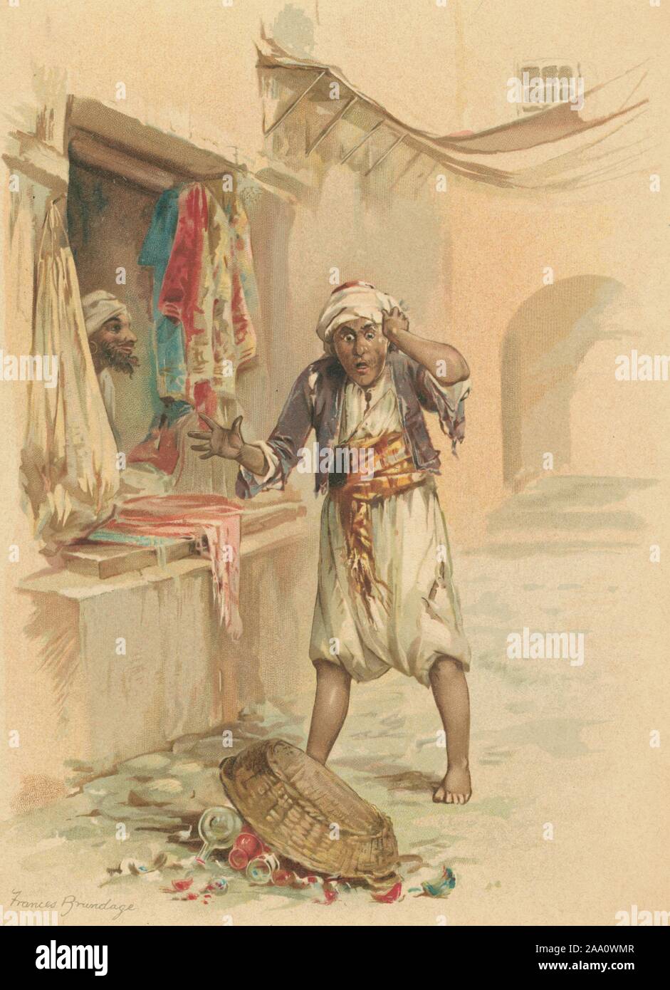 Illustration of a scene from the book 'The Arabian Nights', featuring Alnaschar standing in the street in front of his shop looking in shock at a basket of broken bottles and jars, illustrated by Frances Brundage, published by Raphael Tuck and Sons, 1894. From the New York Public Library. () Stock Photo