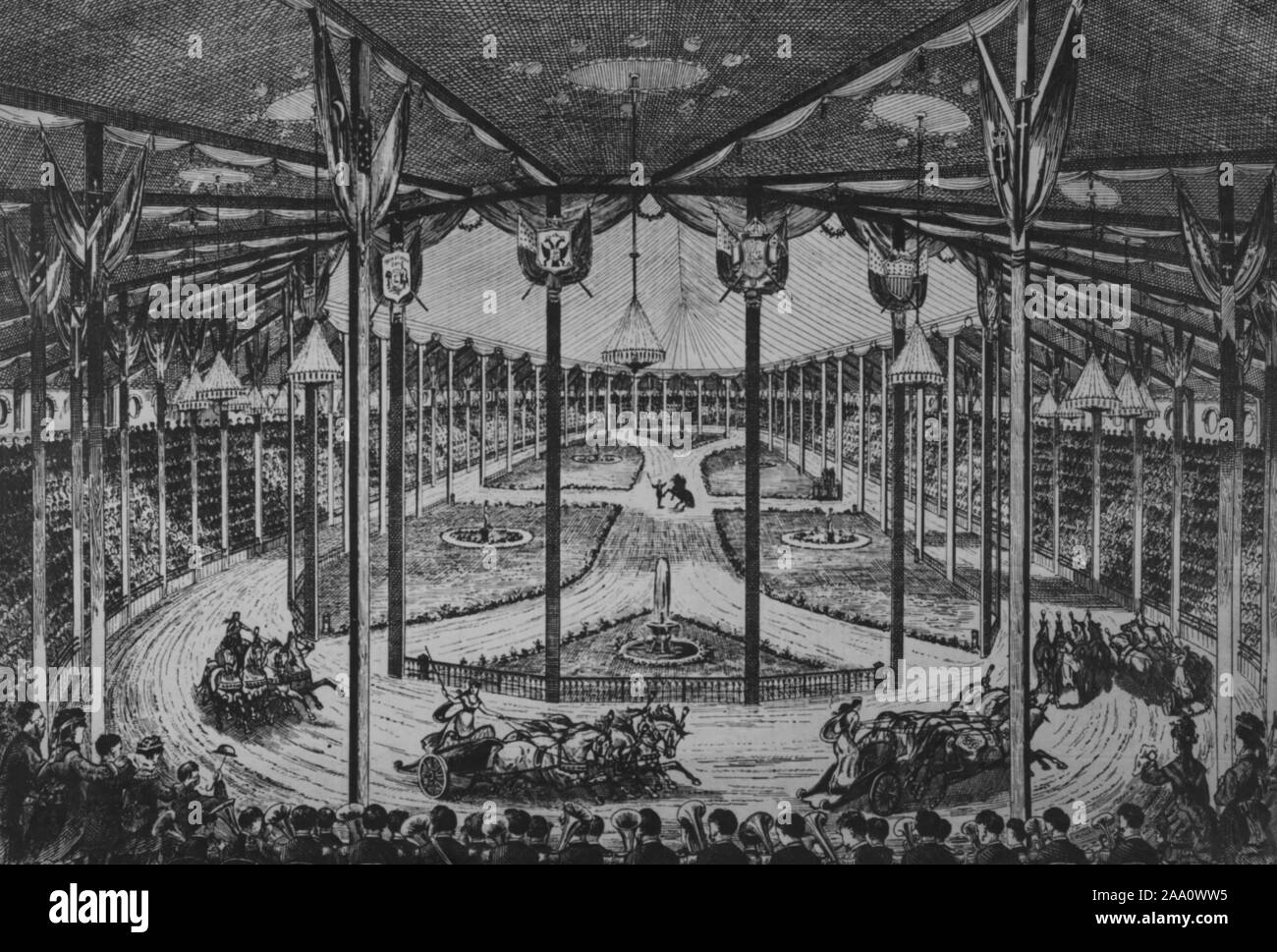 Monochrome illustration of the interior view of Phineas Taylor Barnum's Great Roman Hippodrome in Madison Square Garden, New York City, featuring people riding horse-drawn chariots, published in the Daily Graphic Newspaper, 1874. From the New York Public Library. () Stock Photo
