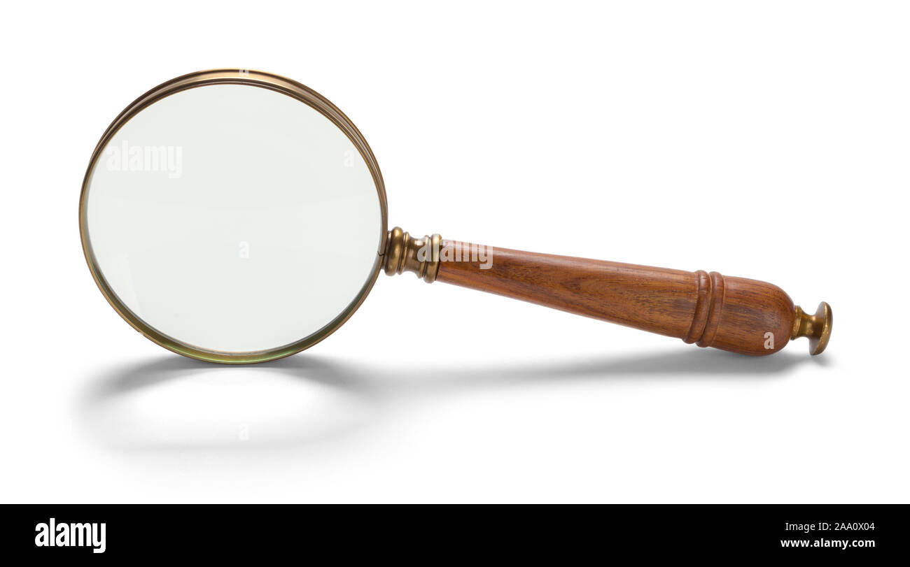 Brass Magnifying Glass with Wood Handle On Side Isolated on White Background. Stock Photo