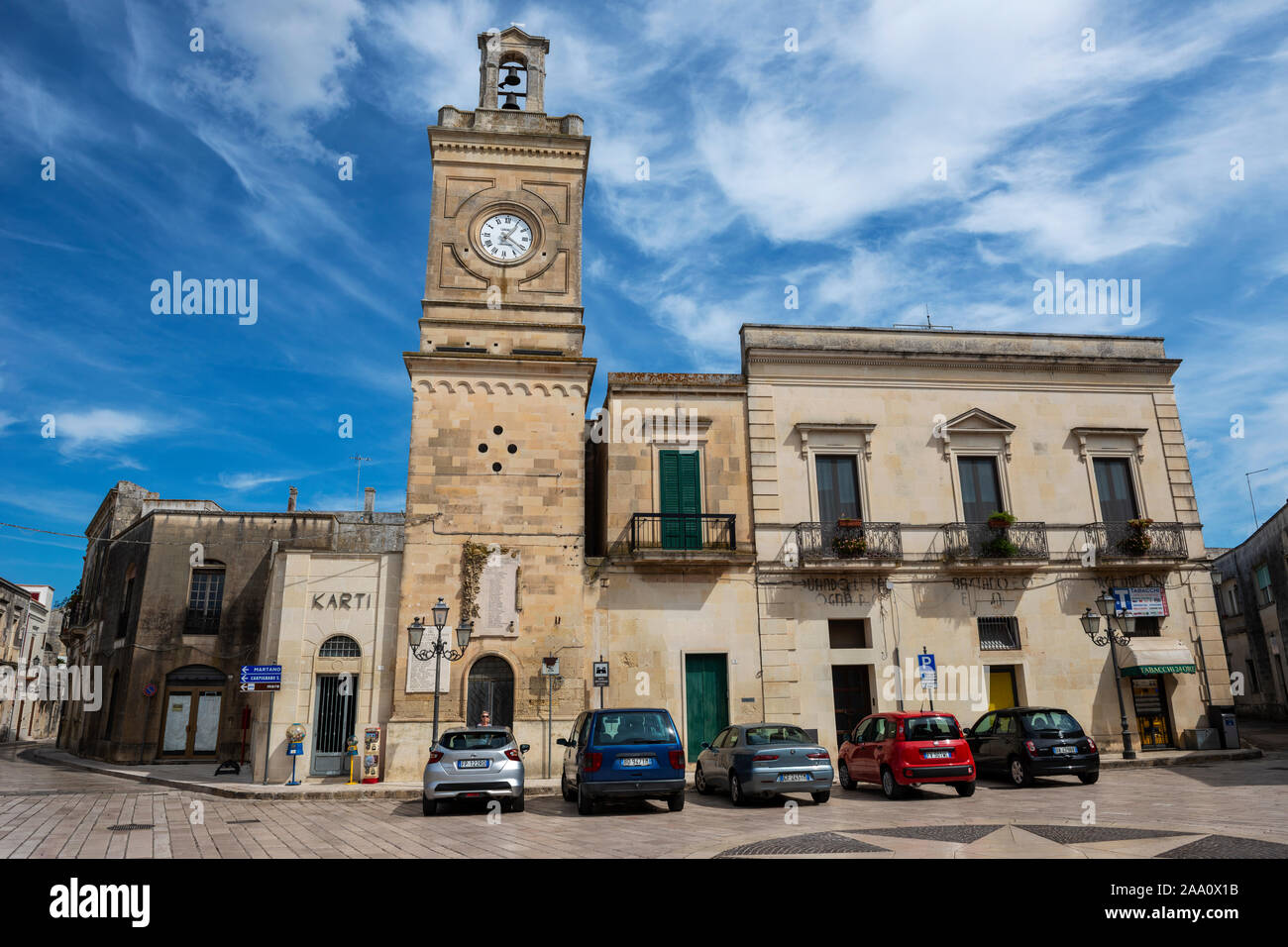 Clocktower on Piazza Sant'Antonio in Castrignano de' Greci in Apulia (Puglia) in Southern Italy Stock Photo