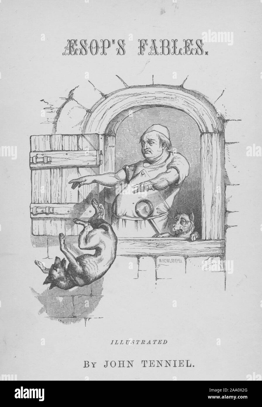 Monochrome illustration of the title page of the book 'Aesop's Fables' by author Reverend Thomas James, featuring a cook throwing a dog out the window, illustrated by John Tenniel, engraved by William Howland, published by Collins and Brother, 1848. From the New York Public Library. () Stock Photo