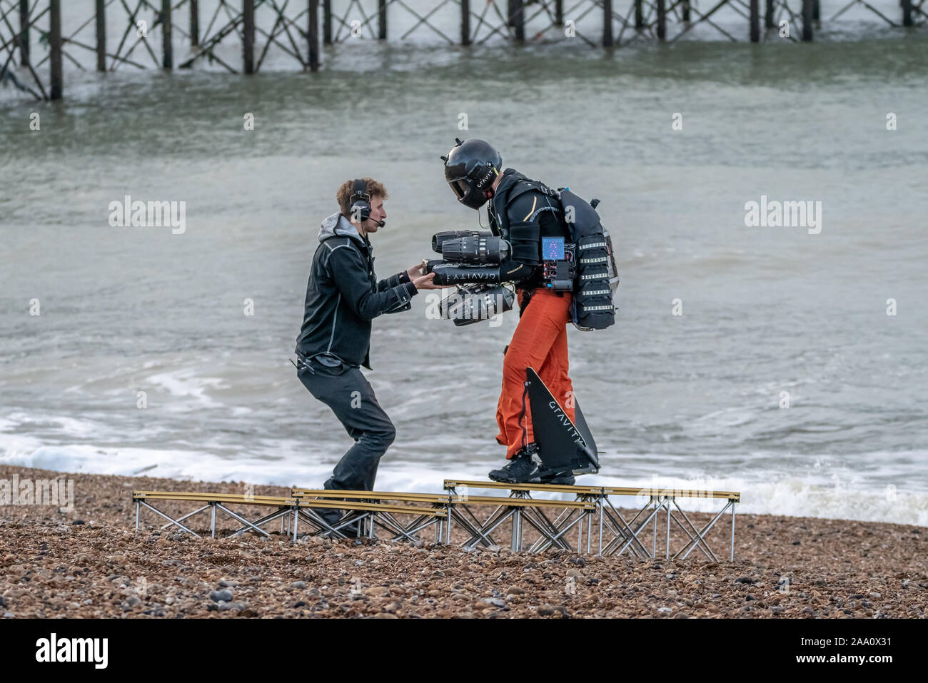 Richard Browning “Iron Man”, founder of Gravity Industries, makes a record-breaking flight in his body-controlled jet-powered suit over Brighton Pier. Stock Photo