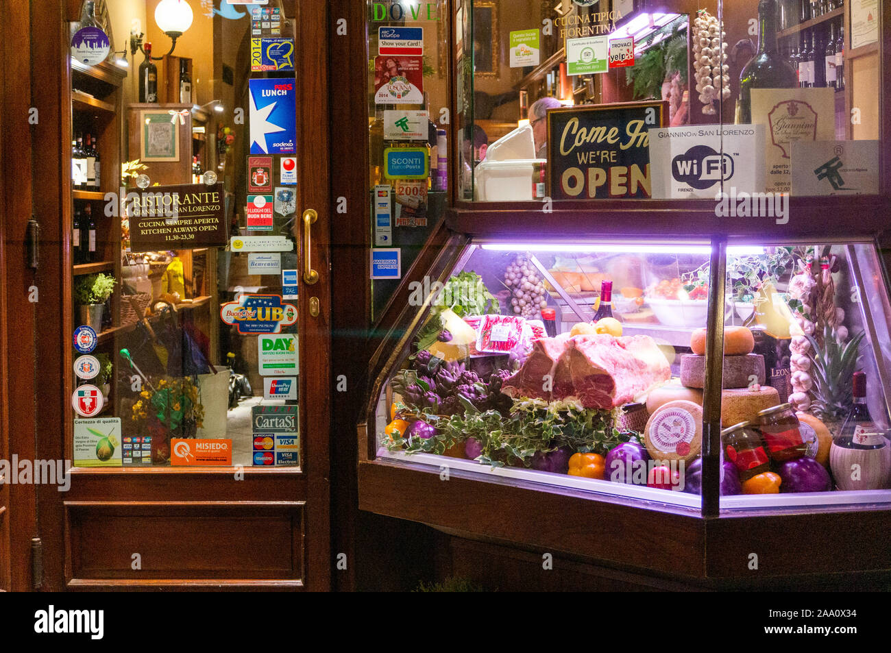 Deli case display at restaurant entrance, Florence, Italy Stock Photo