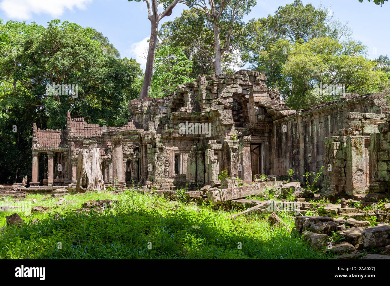 Preah Khan temple near Siem Reap, Cambodia. This temple looks very mystic with moss covering the stones. A big spung tree is famous for this temple. Stock Photo