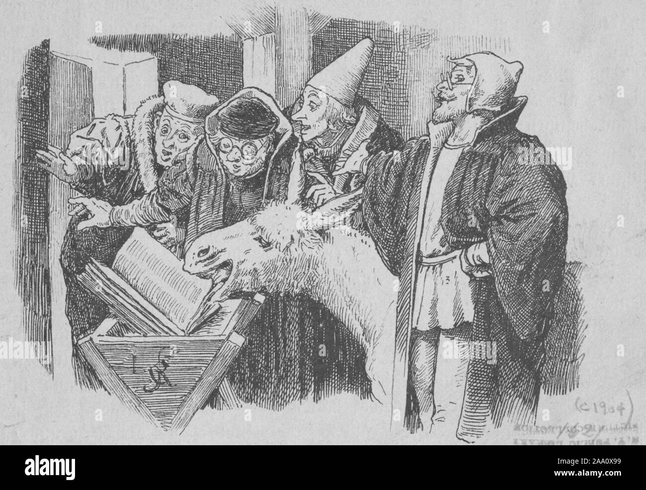 Monochrome illustration of a scene from the book 'Till Eulenspiegels lustige Streiche' by author Georg Paysen Petersen, featuring a donkey turning the pages of a book, with university professors looking on in amazement, illustrated by Eugen Klimsch, published by Loewe Publishing, 1904. From the New York Public Library. () Stock Photo