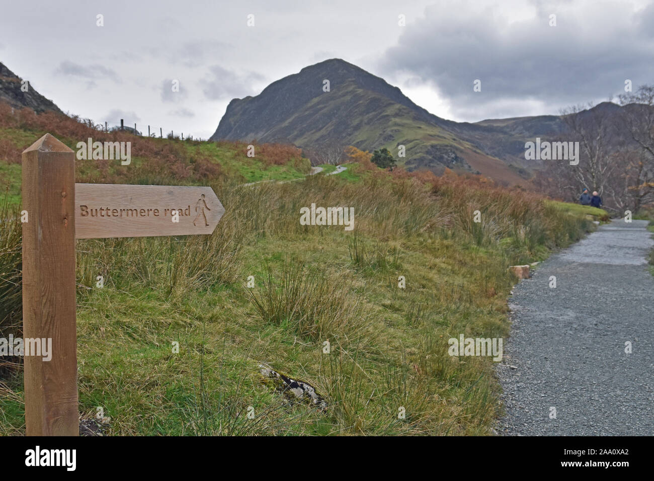 Sign for Buttermere Road on hiking trail in Lake District, Cumbria, England Stock Photo
