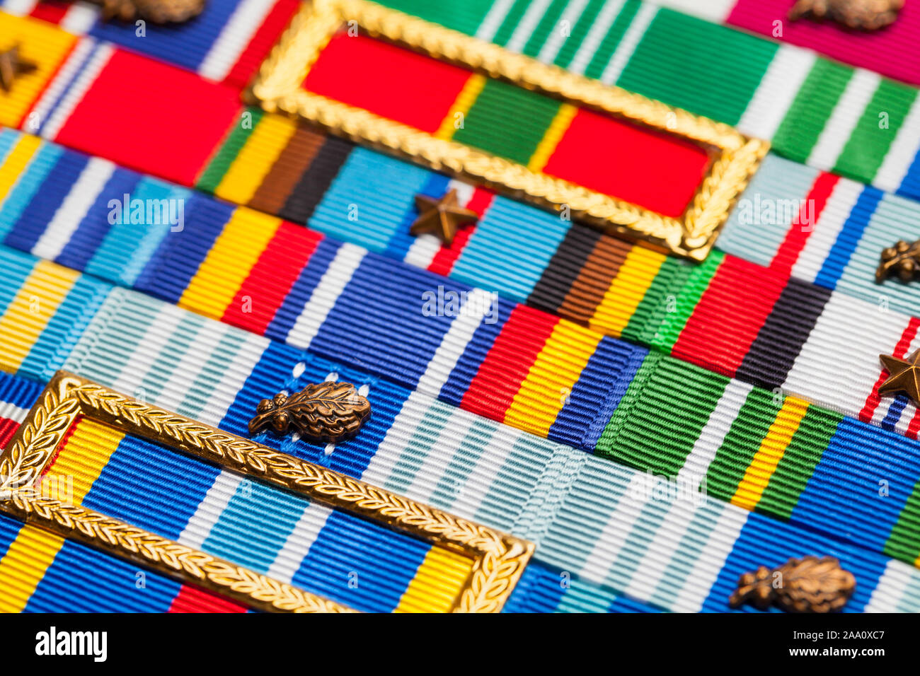 Several MIlitary Award Ribbons Close Up View. Stock Photo