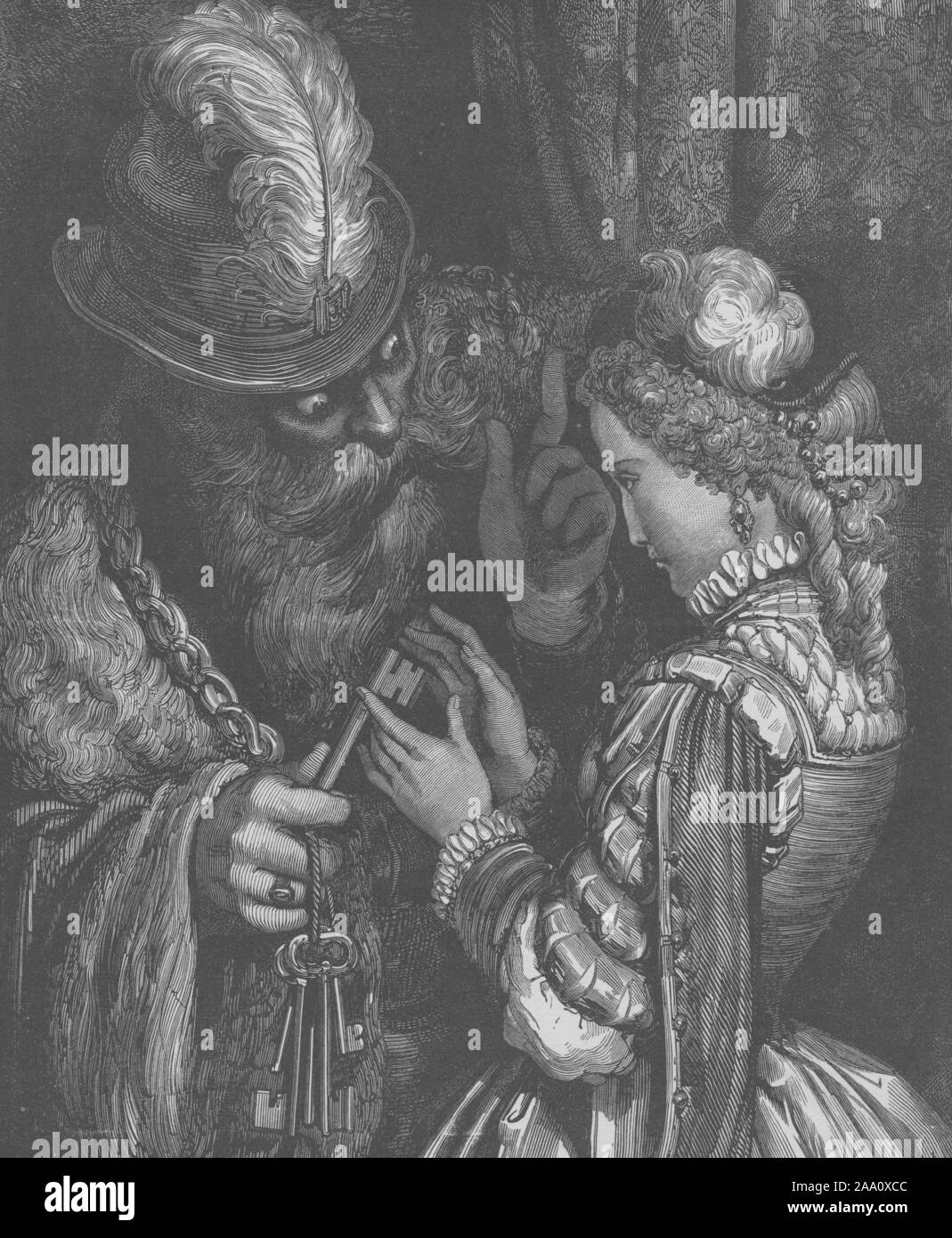 Engraved illustration of a scene from the book 'Blue Beard' by author Charles Perrault, featuring Bluebird giving a key to Fatima, illustrated by Gustave Dore, published by James Miller, 1871. From the New York Public Library. () Stock Photo