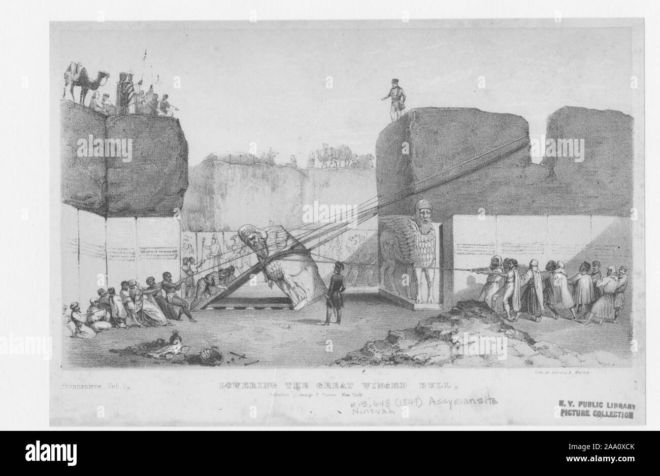 Engraved illustration of a group of people using ropes and levers to lower a statue of a winged bull at the archaeological site of the ancient Assyrian city of Nineveh in present-day northern Iraq, by lithographer Sarony and Major, 1849. From the New York Public Library. () Stock Photo