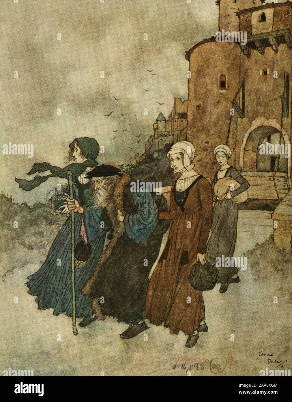 Illustration of the tale 'The Wind's Tale' by Hans Christian Andersen, featuring Waldemar Daa and his daughters leaving their castle, by artist Edmund Dulac, from the book published by Hodder and Stoughton, 1911. From the New York Public Library. () Stock Photo
