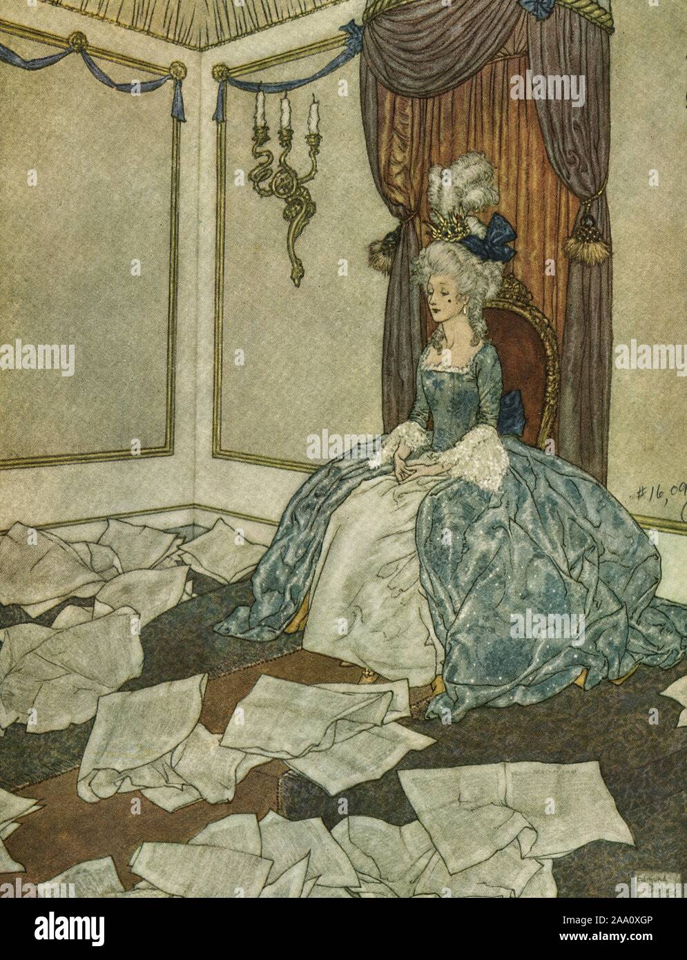 Illustration of the tale 'The Snow Queen' by Hans Christian Andersen, featuring a princess in period clothing sitting on her throne with newspapers strewn across the floor in front of her, by artist Edmund Dulac, from the book published by Hodder and Stoughton, 1911. From the New York Public Library. () Stock Photo