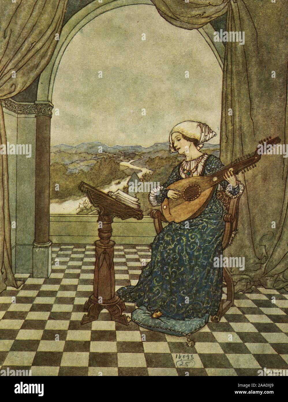 Illustration of the tale 'The Wind's Tale' by Hans Christian Andersen, featuring a lady sitting by a window playing a lute, by artist Edmund Dulac, from the book published by Hodder and Stoughton, 1911. From the New York Public Library. () Stock Photo