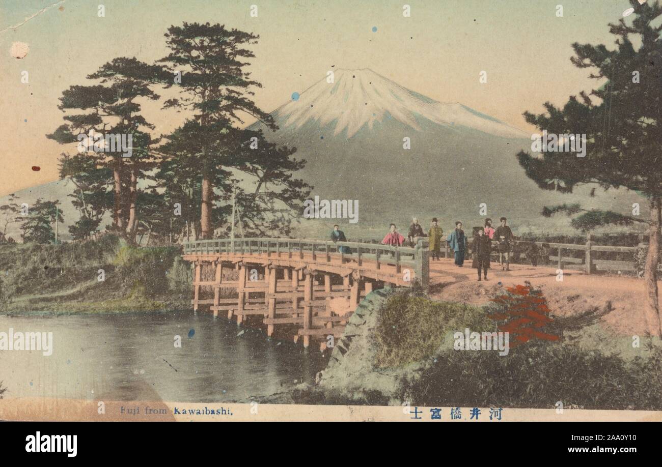 Illustrated postcard of a scenic view of Mount Fuji, with people walking across Kawai bridge in the foreground, Chubu region, Honshu, Japan, 1915. From the New York Public Library. () Stock Photo