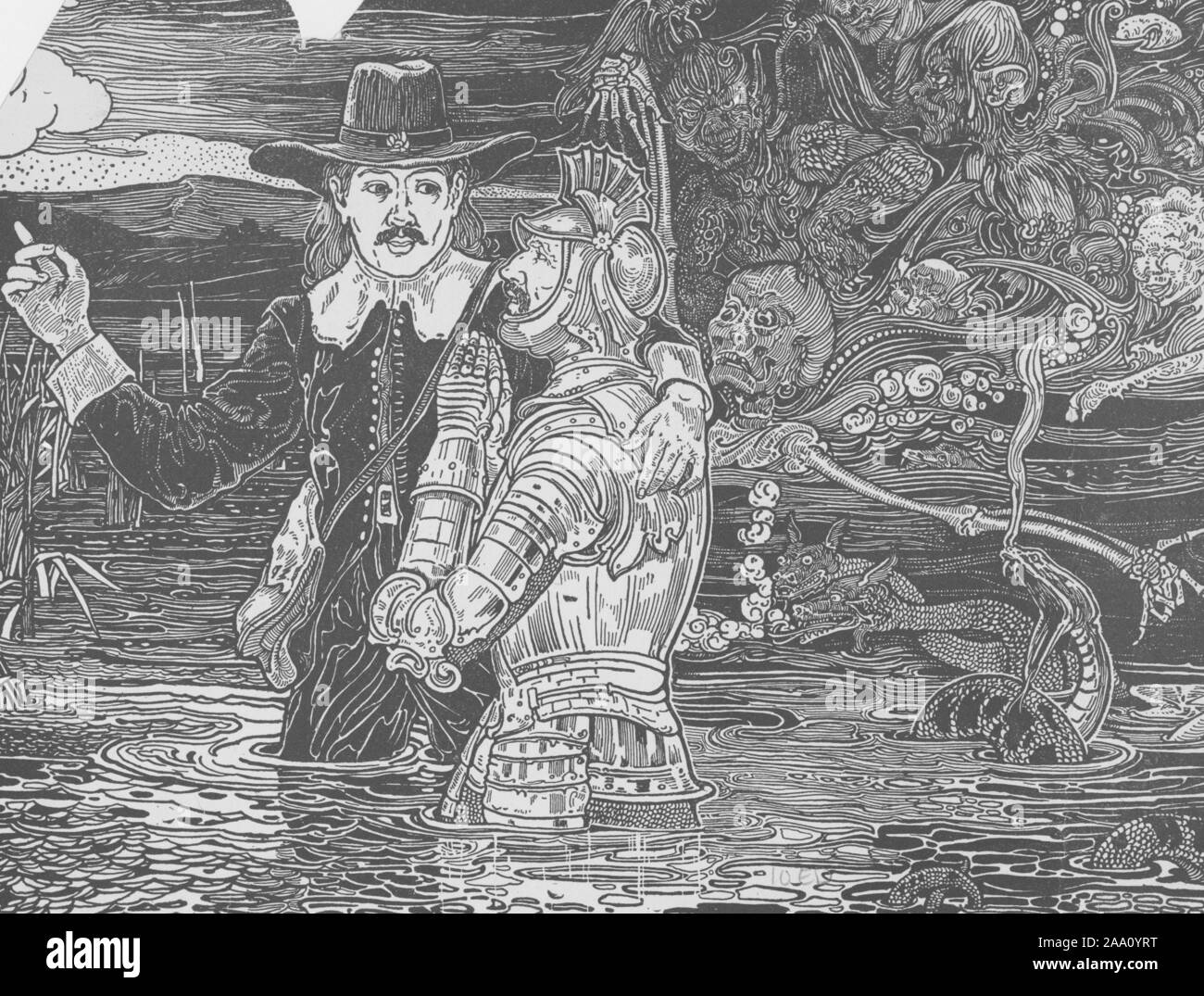 Engraving of a scene from the book 'Pilgrim's Progress' by John Bunyan, featuring Christian and Hopeful crossing a river, surrounded by snakes, skeletons and monsters, illustrated by the Rhead Brothers, published by The Century Co, 1898. From the New York Public Library. () Stock Photo