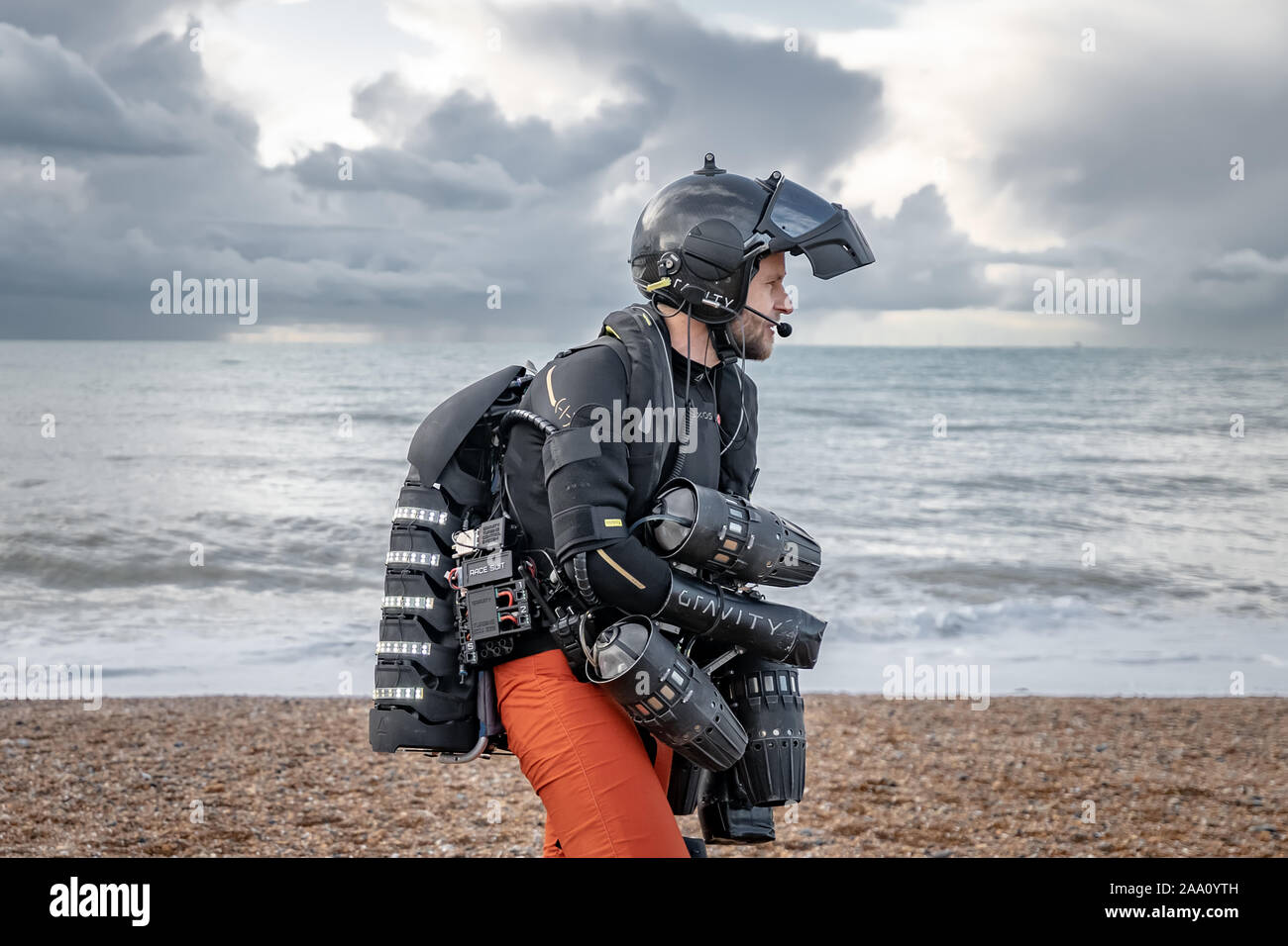 Richard Browning “Iron Man”, founder of Gravity Industries, makes a record-breaking flight in his body-controlled jet-powered suit over Brighton Pier. Stock Photo