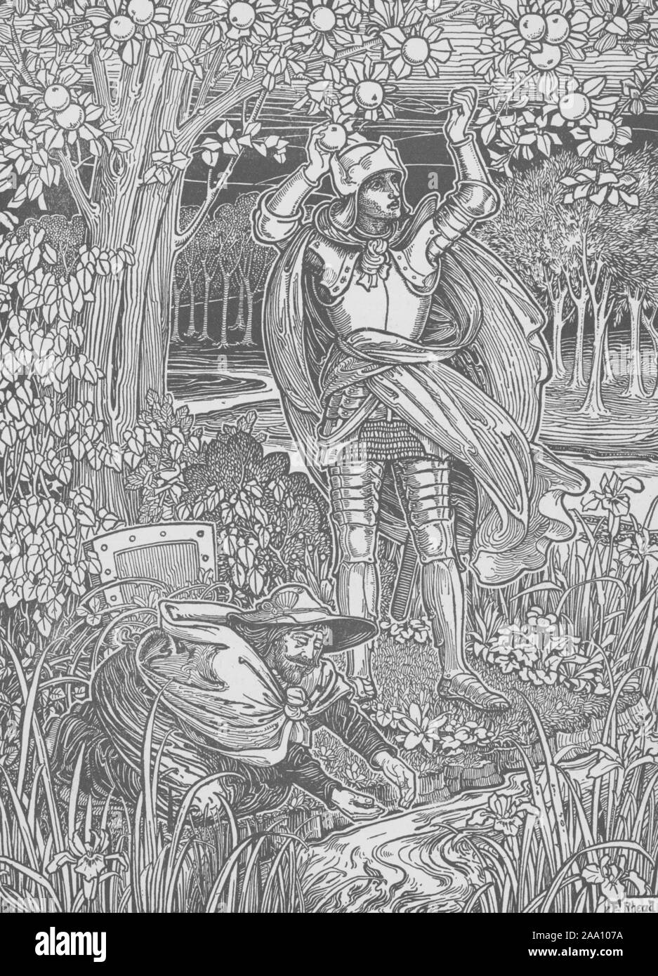 Engraving of a scene from the book 'Pilgrim's Progress' by John Bunyan, featuring Christian drinking water from a brook and Hopeful picking fruit from a nearby tree, illustrated by Frederick Alfred Rhead, published by The Century Co, 1898. From the New York Public Library. () Stock Photo