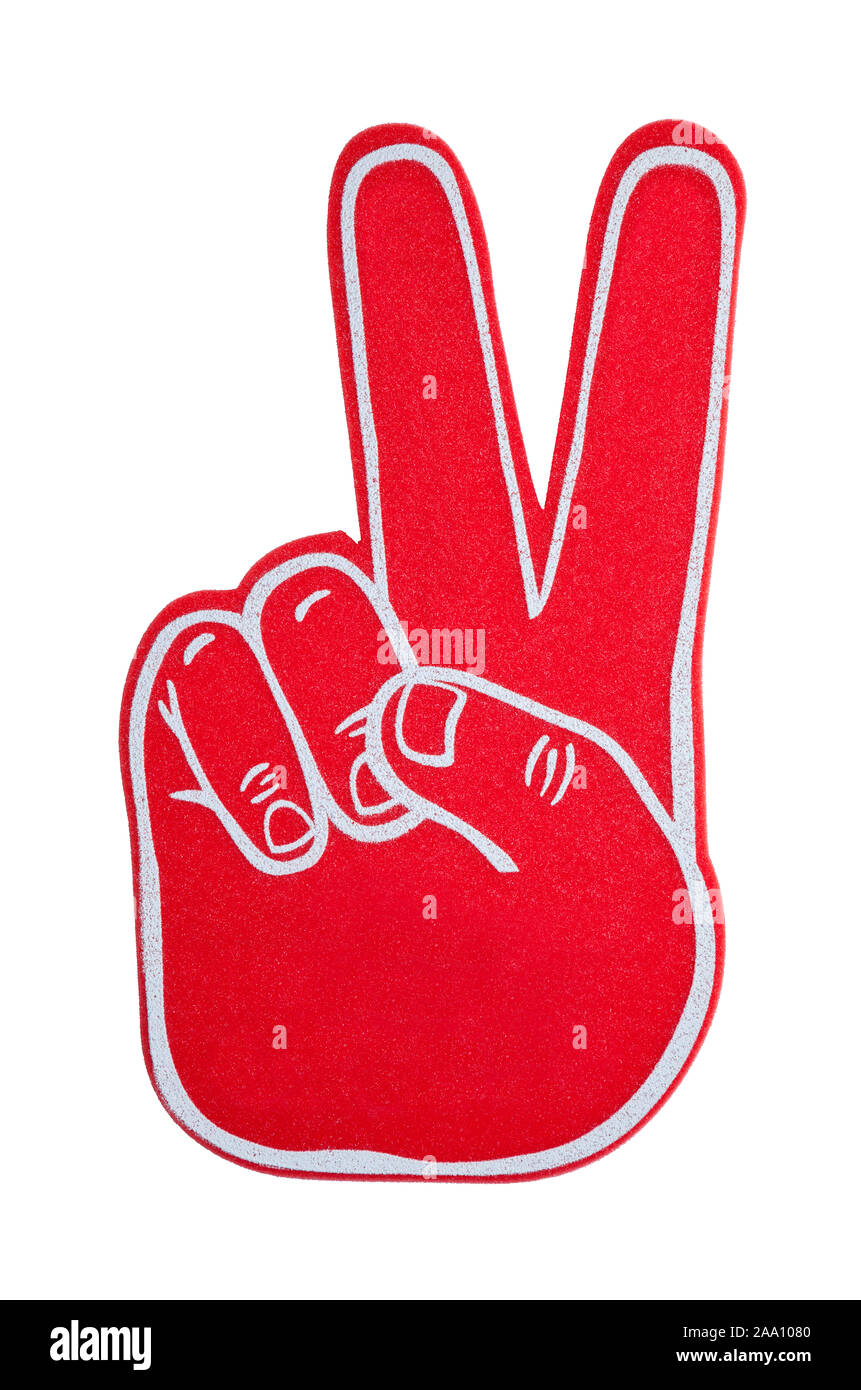 Red Foam Hand with Peace Symbol Cut Out On White. Stock Photo