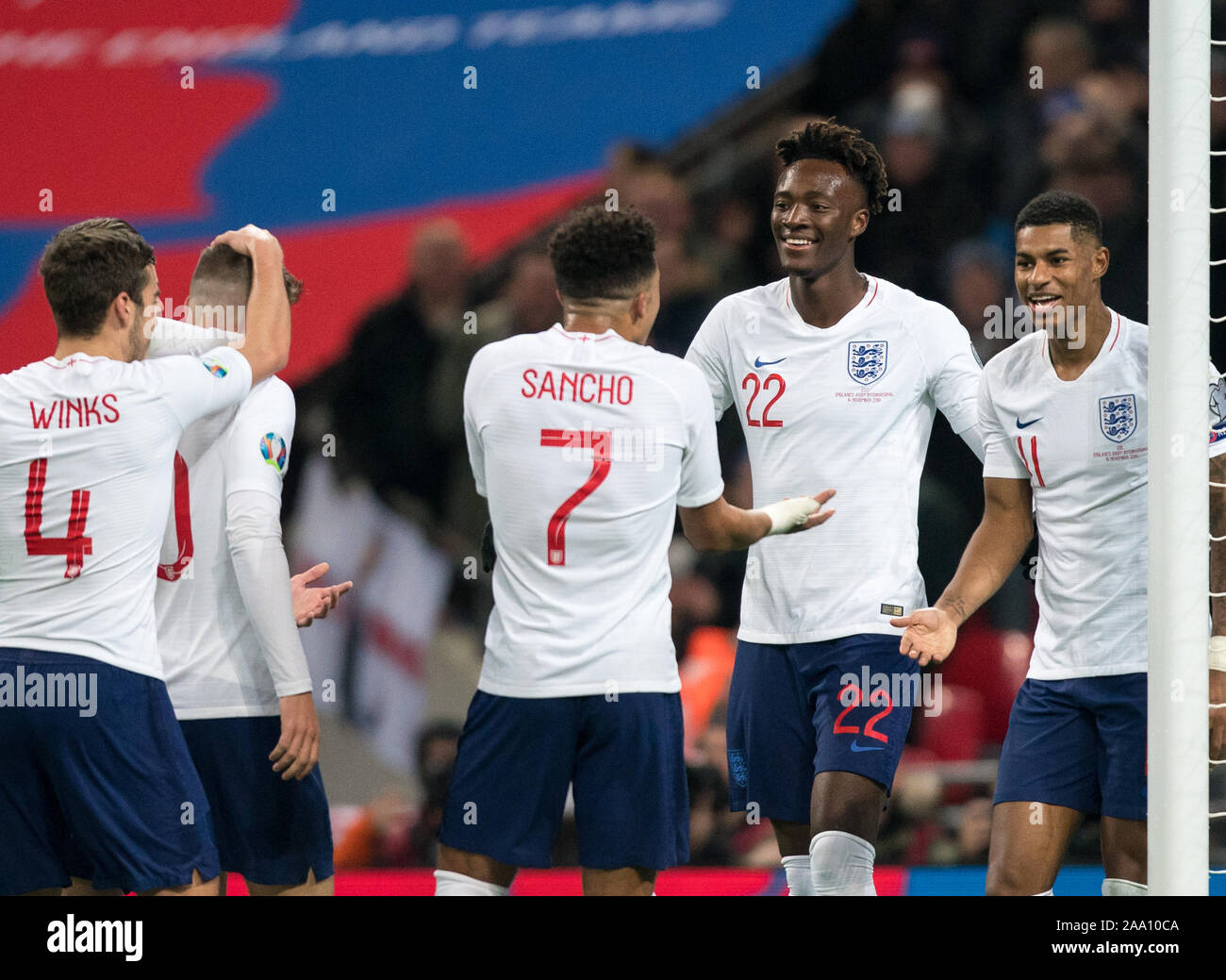 London, UK. 14th Nov, 2019. Tammy Abraham (Chelsea) of England celebrates his goal during the UEFA Euro 2020 qualifier International match between England and Montenegro at Wembley Stadium, London, England on 14 November 2019. Photo by Andy Rowland. Credit: PRiME Media Images/Alamy Live News Stock Photo