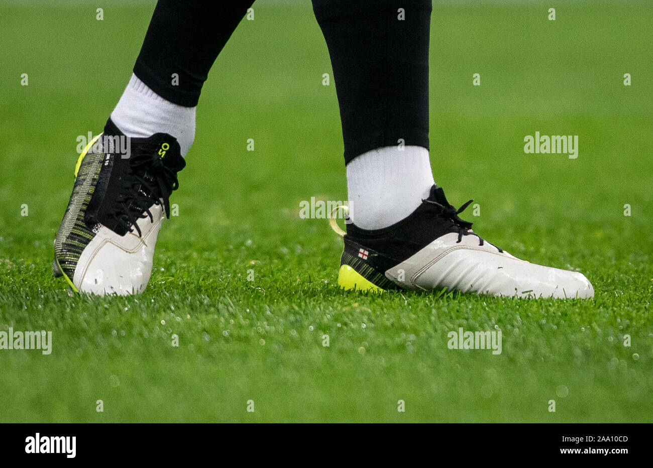 London, UK. 14th Nov, 2019. The puma football boots of James Maddison  (Leicester City) of England during the UEFA Euro 2020 qualifier  International match between England and Montenegro at Wembley Stadium,  London,