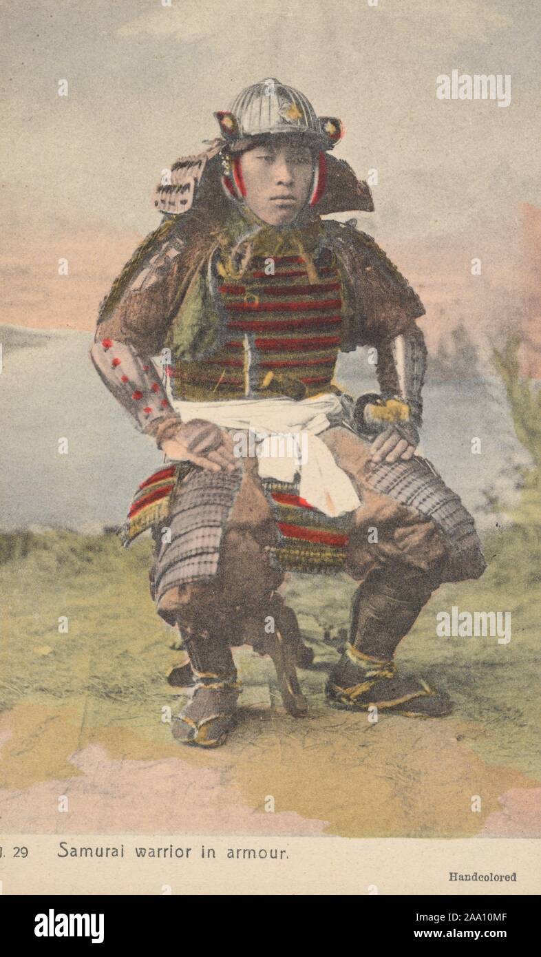Illustrated postcard of a samurai warrior in traditional body armor, including chest armor and helmet, published by The Rotograph Co, 1906. From the New York Public Library. () Stock Photo