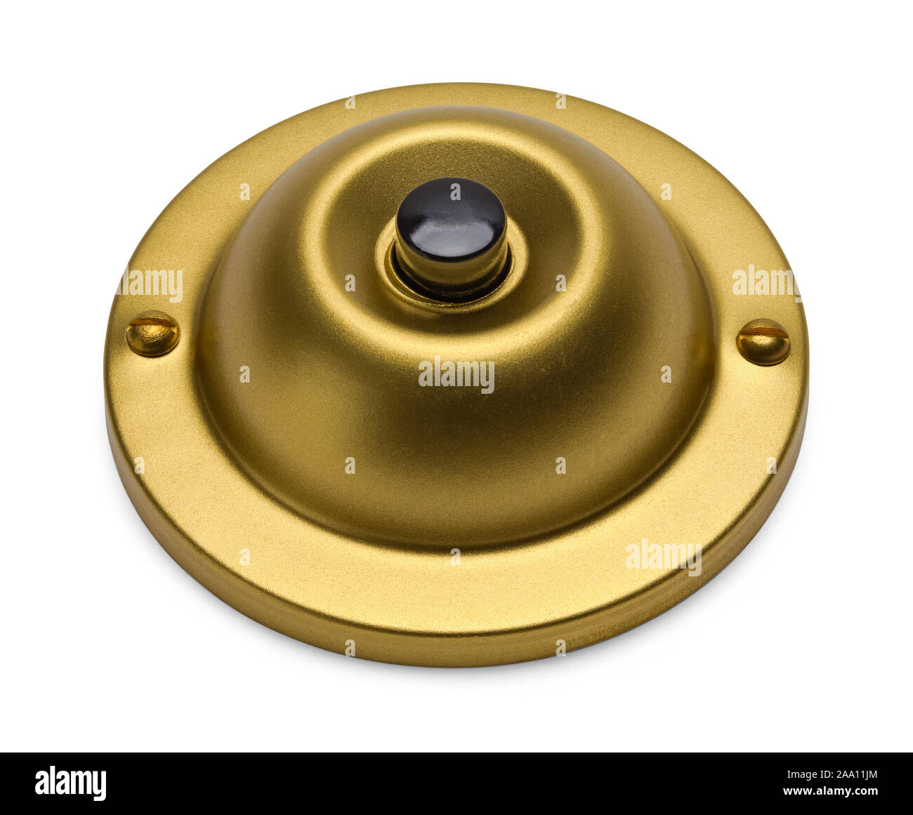 Round Brass Door Bell Isolated on White Background. Stock Photo