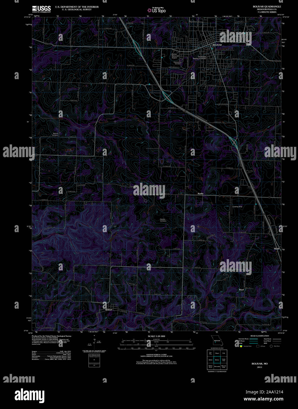 USGS TOPO Map Missouri MO Bolivar 20111209 TM Inverted Restoration Stock Photo