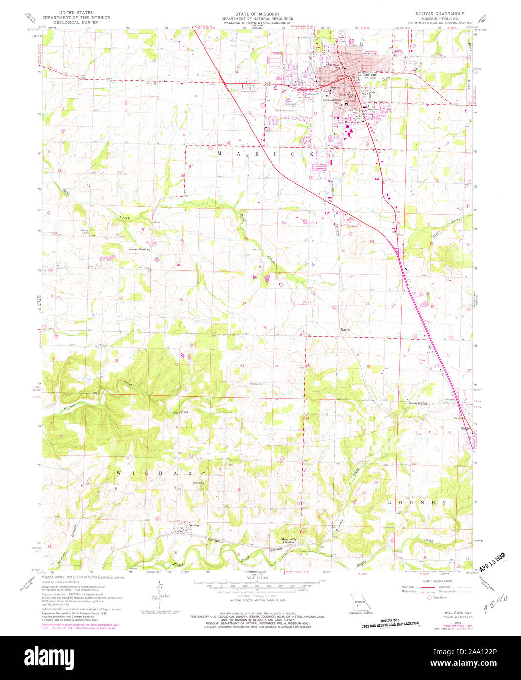 USGS TOPO Map Missouri MO Bolivar 322030 1961 24000 Restoration Stock Photo