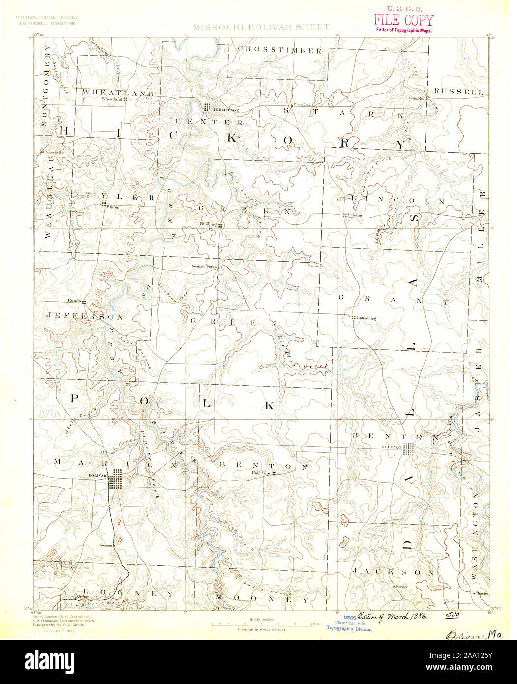 USGS TOPO Map Missouri MO Bolivar 325415 1884 125000 Restoration Stock Photo