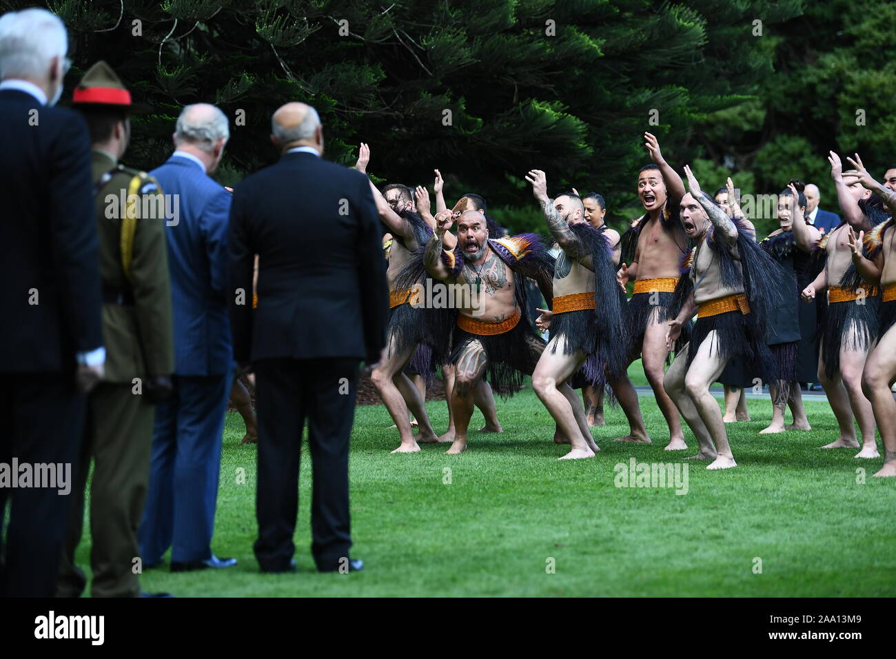 The Prince of Wales (left) watches a haka, as he and the Duchess of Cornwall are formally welcomed to New Zealand at Government House in Auckland, on the third day of the royal visit to New Zealand. PA Photo. Picture date: Tuesday November 19, 2019. See PA story ROYAL Charles. Photo credit should read: Victoria Jones/PA Wire Stock Photo